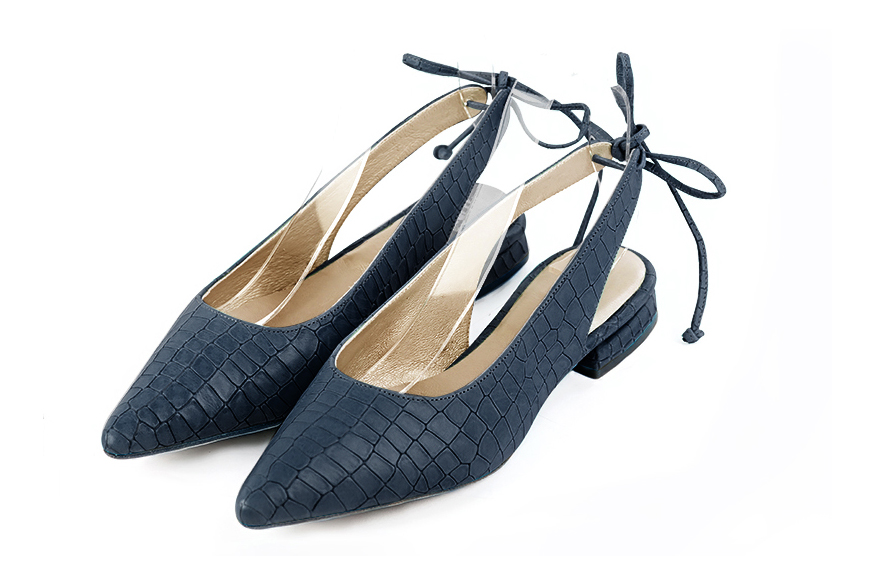 Women's denim blue elegant slingback heels. Pointed toe. Flat flare heels - Front view